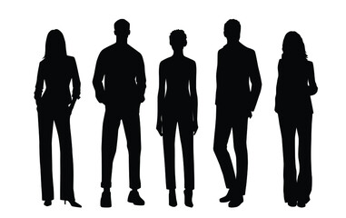 Vector silhouettes of  men and a women, a group of standing  business people, black color isolated on white background