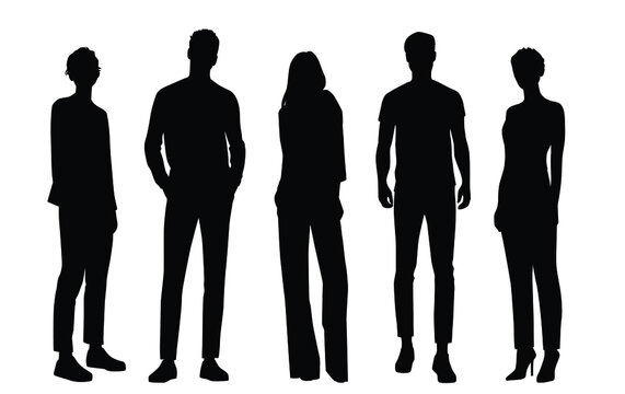 Vector silhouettes of  men and a women, a group of standing  business people, black color isolated on white background