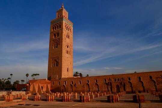 Panoramic view of Koutoubia mosque at sunset. Marrakech, Morocco.