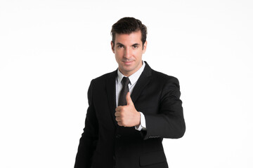 Portrait of a smiling western business man wearing a black suit with thumbs up at studio shot on white background.
