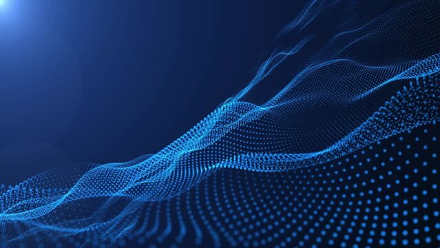 Technology digital wave background Beautiful wave shaped array of glowing dots, beautiful abstract wave technology background with blue light digital effect corporate concept, 4k abstract background