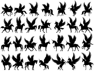 pegasus set silhouette on white background, isolated vector