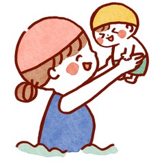 水着で赤ちゃんを高い高いするお母さん