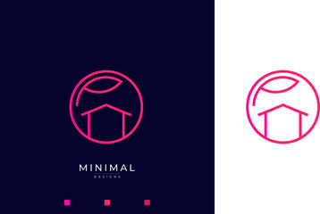 A line art icon logo of a house/home with a leaf circle	