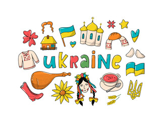 set of Ukraine culture doodles, cartoon, clipart, stickers. Hand drawn elements, isolated on white background. EPS 10