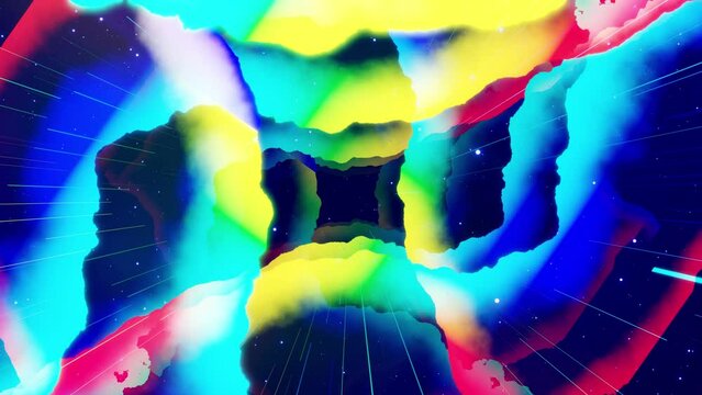 Motion graphic, camera fly in art space, multilayer structure with pattern, glow particles and lines. Ornamental texture rainbow gradient color. Motion design vj loop. Abstract colorful bg. Modern Art