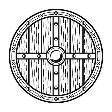 Viking wooden contour round shield with runic symbols and iron border. Vintage vector color illustration, hand drawn. Isolated on white background. Design element for label, tattoo, poster.