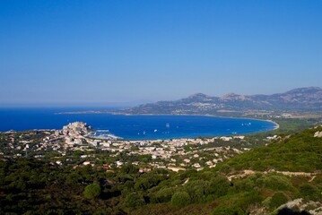 Naklejka na ściany i meble Bay of Calvi seen from Notre Dame de la Serra viewpoint. Corsica, France.