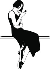 Black and white image of a girl sitting with a phone in her hand Vector illustration