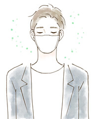花粉症の男性　マスクで予防対策をするイラスト