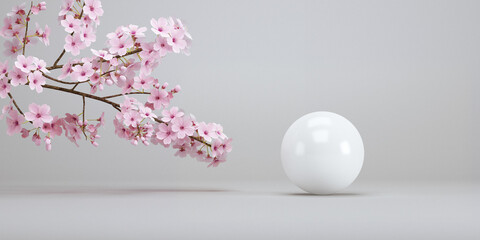 japanese style minimal background. podium and cherry blossom white background for product presentation. 3d rendering illustration.