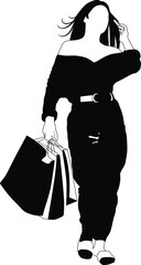 Black and white image of a girl walking with packages from the store vector illustration