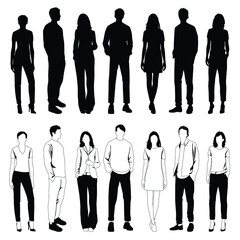Vector silhouettes of  men and a women, a group of standing  business people,  linear sketch, black and white color isolated on white background