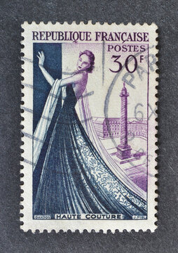 Cancelled Postage Stamp Printed By France, That Shows Mannequin, Haute Couture (Tribute To Christian Dior), Circa 1953.