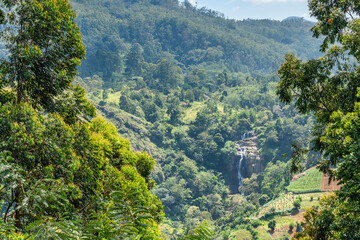 Ella gap, the view of mountains around Ella with tea plantation, Sri Lanka