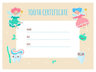 A cute tooth fairy certificate, a fun document design to reward children who have lost their baby teeth. Template vector illustration.
