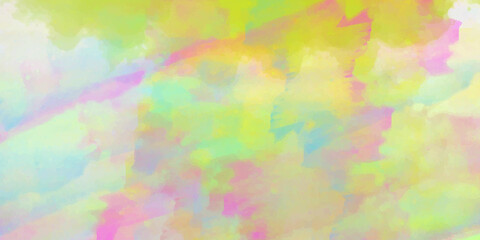 Colorful watercolor background of abstract sunset sky with paint blotches and soft blurred texture in blue green yellow .Blue green watercolor background with white clouds.