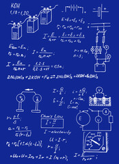 Classic education and scientific background. Physics law theory and mathematical formula equation on blueprint. Vector hand-drawn illustration.