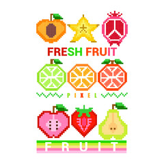 vector set of assorted fresh fruit pixels and with typography