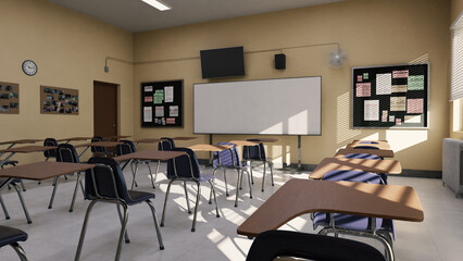 School classroom with daylight, 3d rendered classroom image
