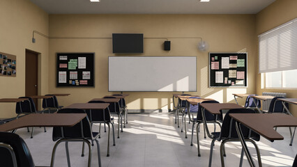 Fototapeta na wymiar School classroom with daylight, 3d rendered classroom image