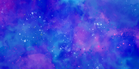 abstract night sky space watercolor background with stars. watercolor dark blue nebula universe. watercolor hand drawn illustration. Blue and pink gradient watercolor ombre leaks and splashes texture.
