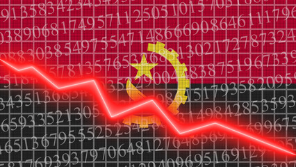 Angola flag and economic and finance growth progress chart report - red neon zigzag down line – 3D Illustrations