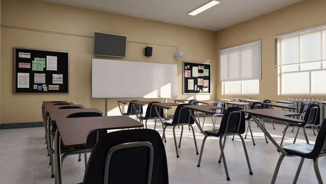 School classroom with daylight, 3d rendered classroom image