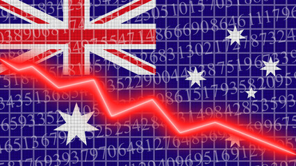 Australia flag and economic and finance growth progress chart report - red neon zigzag down line – 3D Illustrations