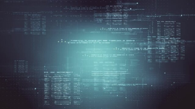 Futuristic cryptocurrency blockchain Matrix simulation of cryptographic hash mining concept, performing analytic computational. Loop Head Up Display background