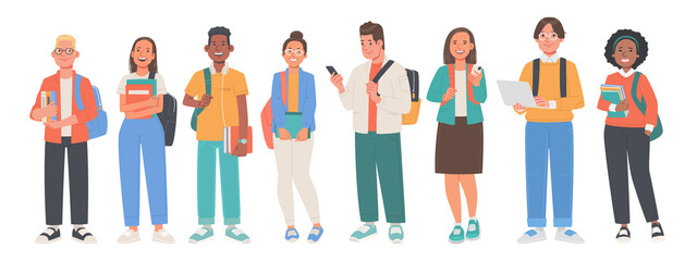 Set of teenagers characters. Guys and girls students hold books, smartphones and a laptop in their hands. Young multicultural people on a white background - obrazy, fototapety, plakaty