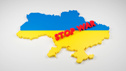 "stop war" on Ukraine map with flag. 3d illustration.