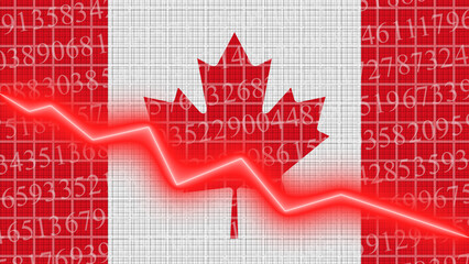 Canada flag and economic and finance growth progress chart report - red neon zigzag down line – 3D Illustrations