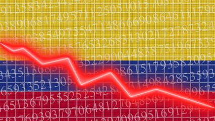 Colombia flag and economic and finance growth progress chart report - red neon zigzag down line – 3D Illustrations