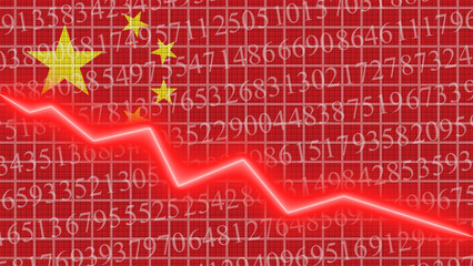 China flag and economic and finance growth progress chart report - red neon zigzag down line – 3D Illustrations