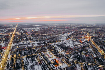 evening city, city lights shooting from a quadcopter,sunset
