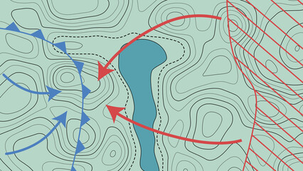 Military topographic map. The geographical basis of the relief. Contour map. The terrain of military operations. Vector illustration.