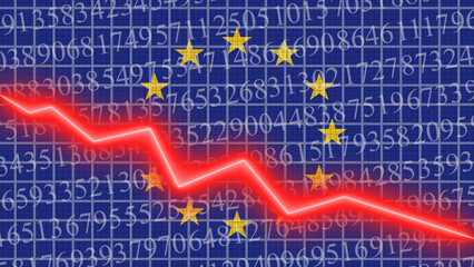 European Union flag and economic and finance growth progress chart report - red neon zigzag down line – 3D Illustrations