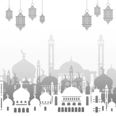 ramadan kareem background with mosque silhouette and hanging lanterns. Islamic holiday banner design