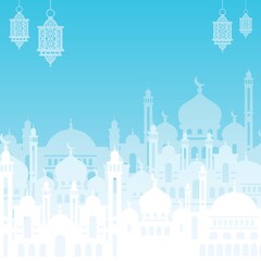 ramadan kareem background with mosque silhouette and hanging lanterns. Islamic holiday banner design