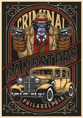 Gorilla gangster and retro car poster