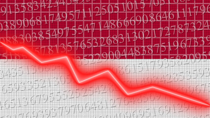 Indonesia flag and economic and finance growth progress chart report - red neon zigzag down line – 3D Illustrations