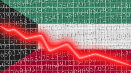 Kuwait flag and economic and finance growth progress chart report - red neon zigzag down line – 3D Illustrations