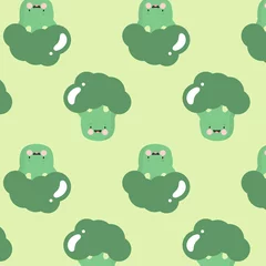 Fotobehang Pattern with Funny Broccoli. Illustration in vector. For greeting card, posters, banners, menu, the card or stick, printing on the pack, printing on clothes, fabric, wallpaper. © Tatyana Khlopova