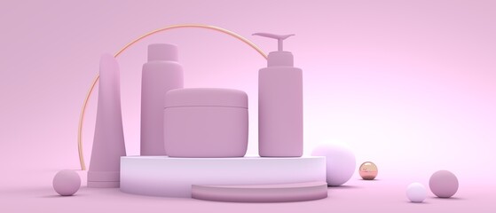 Set of containers for cosmetology products and abstract geometry shapes. 3D render