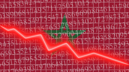 Morocco flag and economic and finance growth progress chart report - red neon zigzag down line – 3D Illustrations