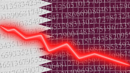 Qatar flag and economic and finance growth progress chart report - red neon zigzag down line – 3D Illustrations