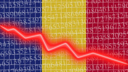 Romania flag and economic and finance growth progress chart report - red neon zigzag down line – 3D Illustrations