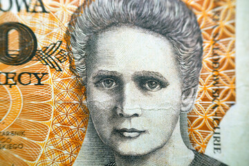 A portrait of Maria (Marie) Skłodowska Curie from the obverse side of 20000 twenty thousand old Polish Zlotych banknote currency year 1989, old Polish Zloty money, Poland, vintage retro - obrazy, fototapety, plakaty