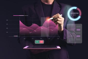 Dashboard Application on screen with businessman analytics data, charts and graphics